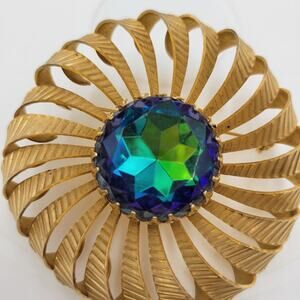 Vintage Rhinestone Pinwheel Brooch 2" Blue Green Gold Tone Crown Setting Pin